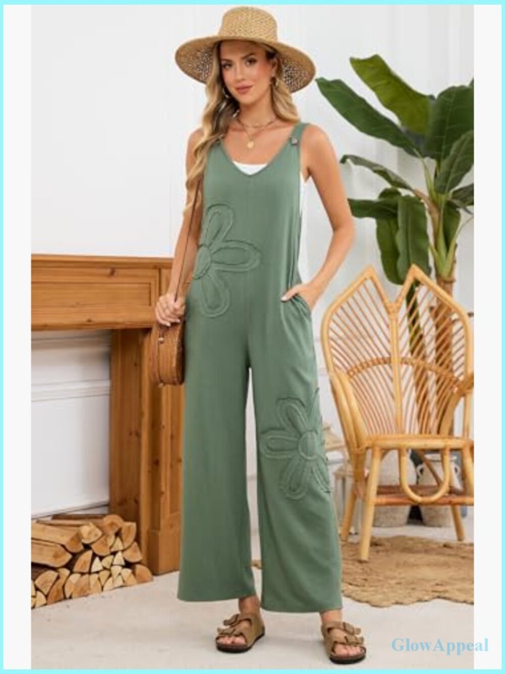 Baggy Wide Leg Jumpsuit Floral Pockets Loose Sleeveless Romper - Picture 3 of 7